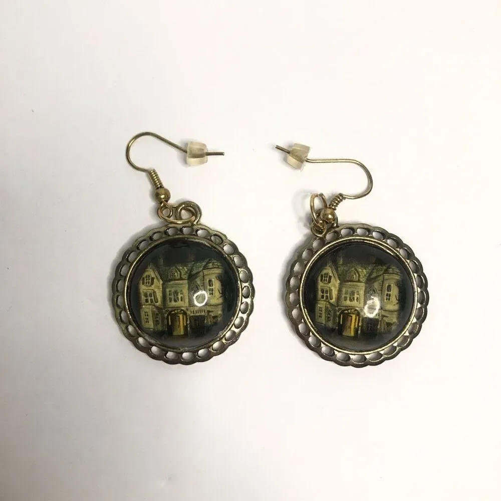 vintage abandoned haunted house round glass earrings halloween steam‎ punk